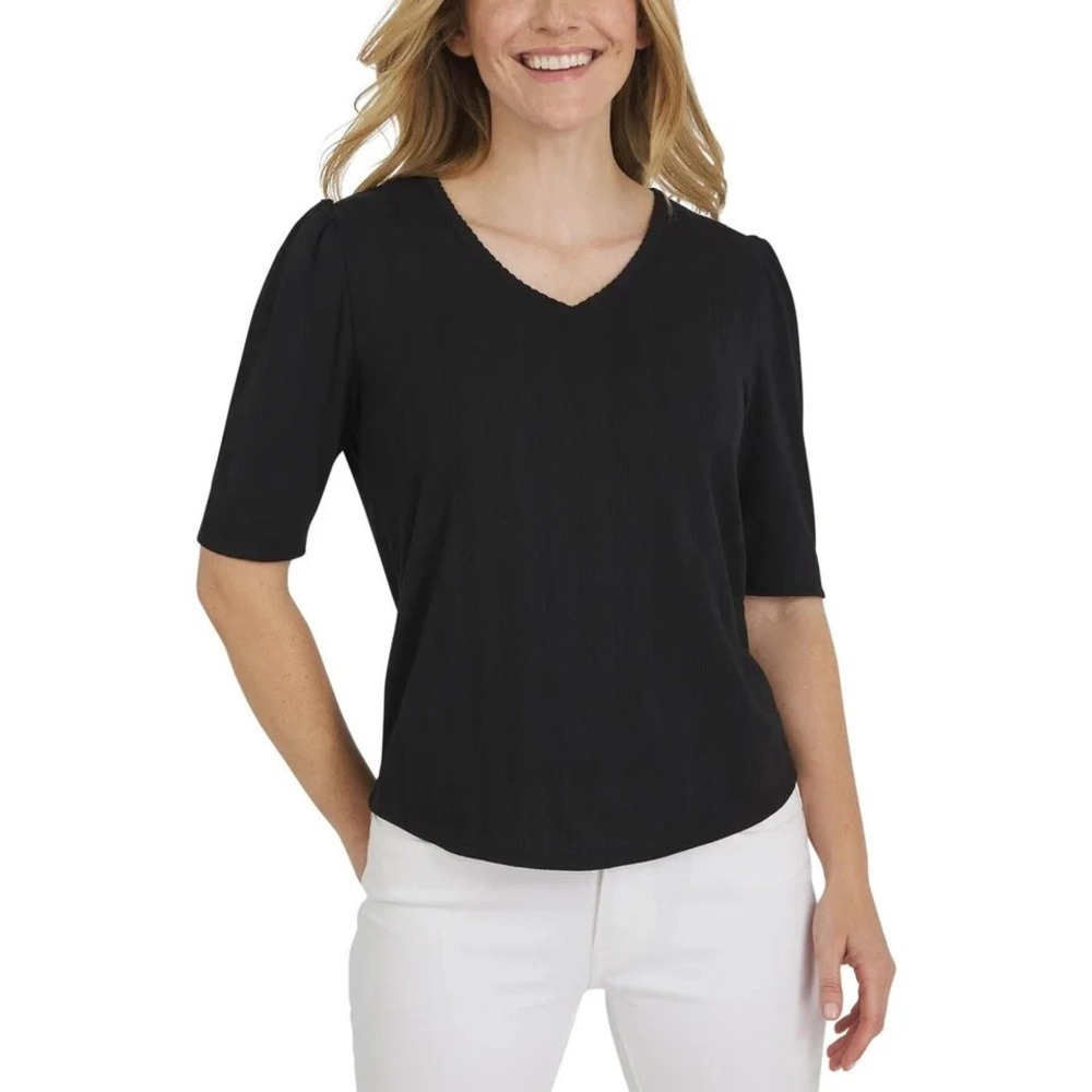 Lands' End Women's Pointelle Elbow Sleeve Top, Black, Size XS, New